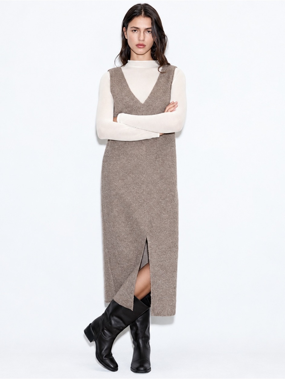 Zara Taupe Beige Sleeveless Knit Maxi Dress V Neck Minimalist Size Small
